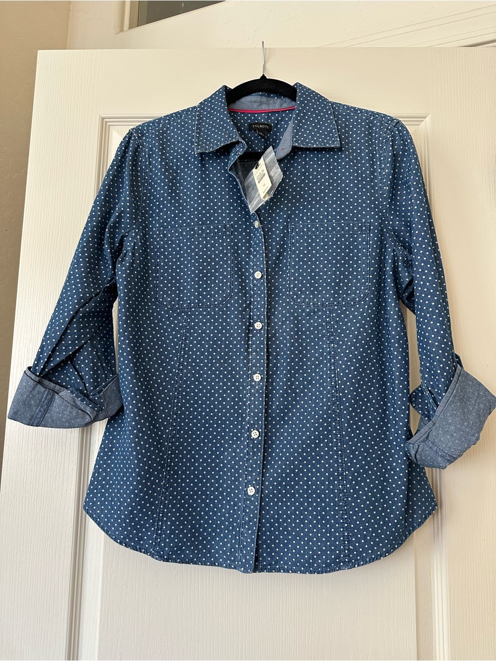 Talbots Chambray Blue with White Polka Dot Button-Down Shirt